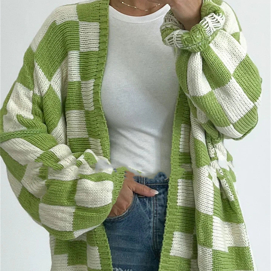 Fashion Plaid Women's Coat Sweater Stitching