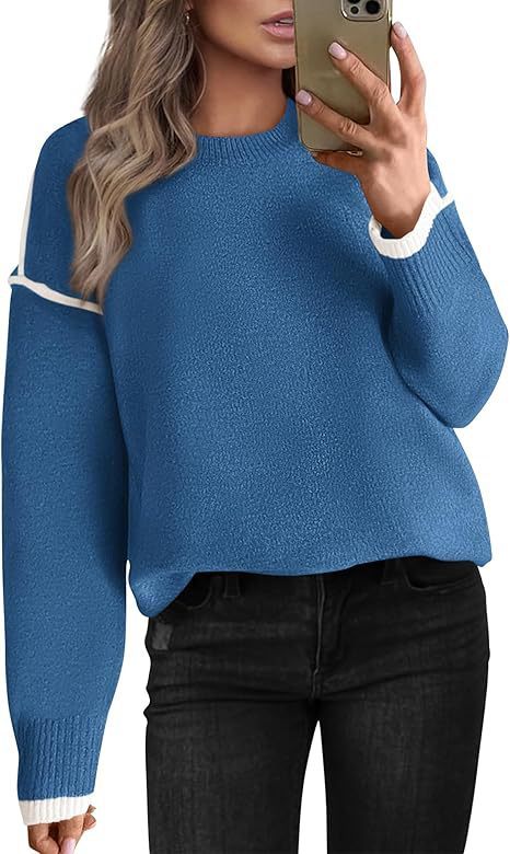 Women's Knitted Sweater With Round Neck Multicolor Cuffs