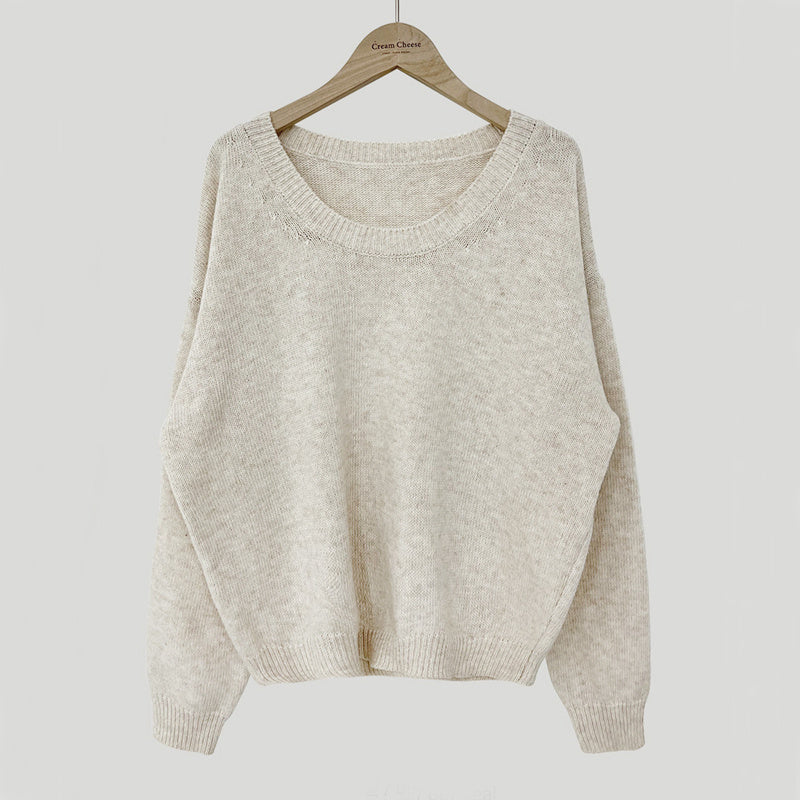 All-matching Crew Neck Pullover Sweater Solid Color Long-sleeved Knitted Top