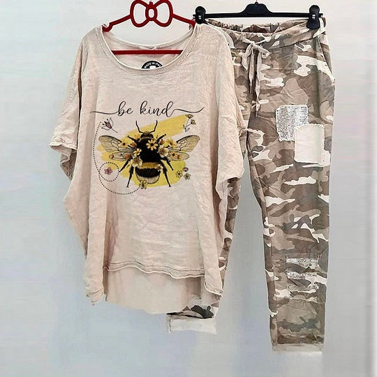 Casual Suit Women's Cotton And Linen Heat Transfer Patch Top Camouflage Printing Sweatpants
