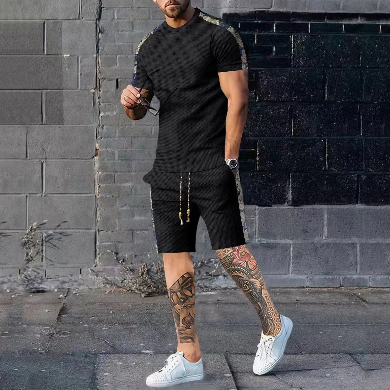 Color Matching Zipper Short Sleeve Shorts Two-piece Set