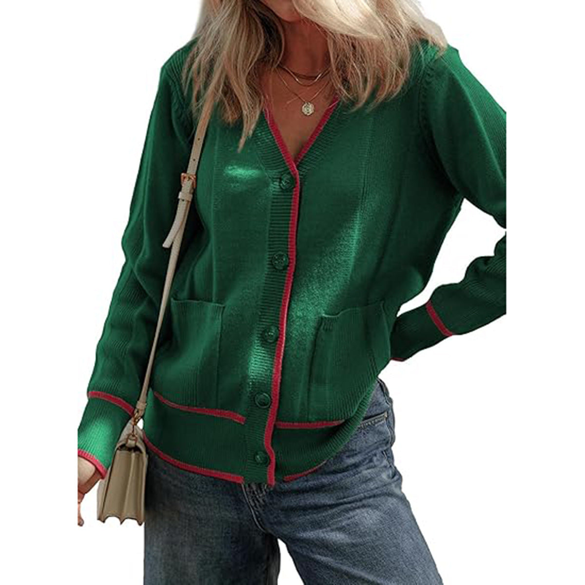 Women's Knitted Button Coat Color Matching Sweater