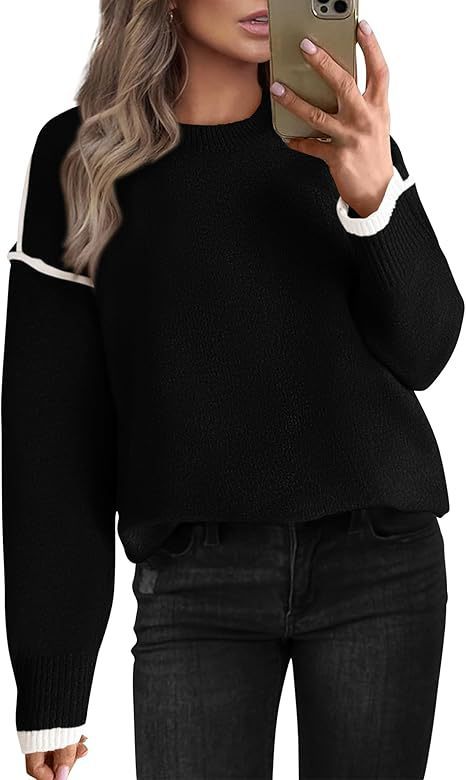 Women's Knitted Sweater With Round Neck Multicolor Cuffs