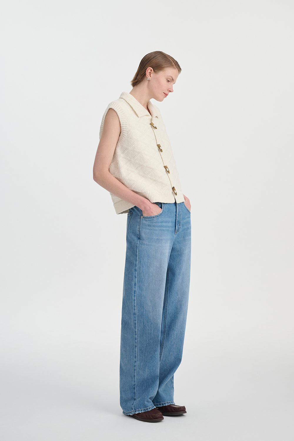Vintage Cotton Texture Diamond Lattice Woven Cardigan Vest