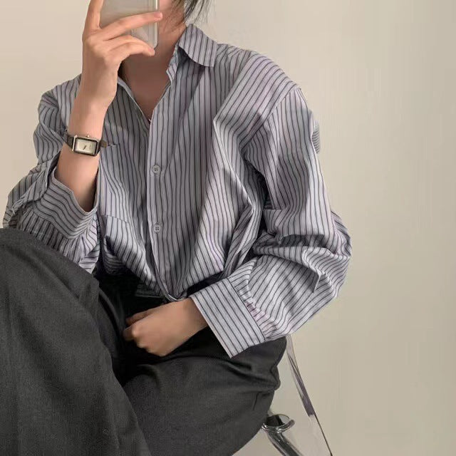 Striped Lapel Drawstring Long-sleeved Shirt Women's Loose Short