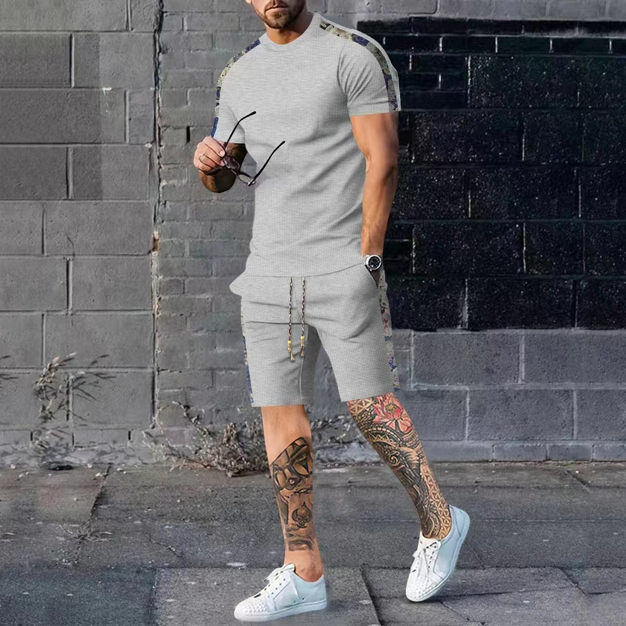 Color Matching Zipper Short Sleeve Shorts Two-piece Set