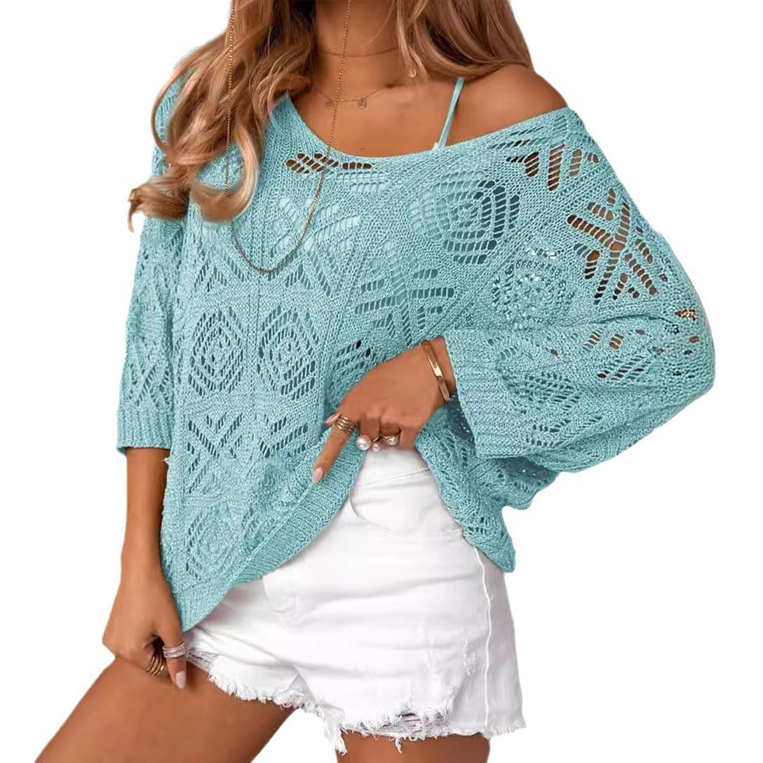 European And American Spring And Summer Crochet Hollow-out Three-quarter Sleeve Pullover Sweater Off-the-shoulder T-shirt