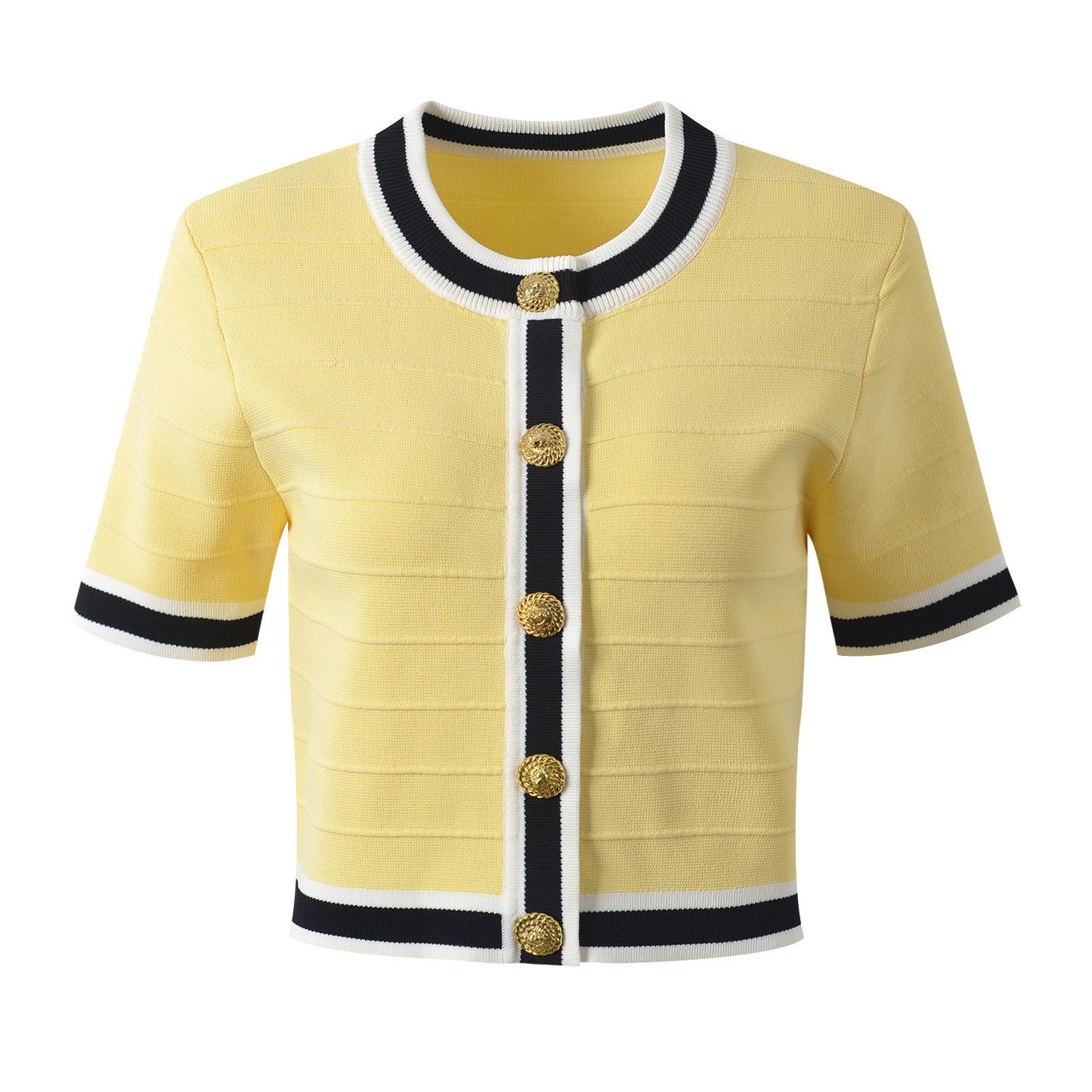 Temperament Slim-fit Contrast Colors Gold Buckle Round Neck Cardigan Two-piece Set