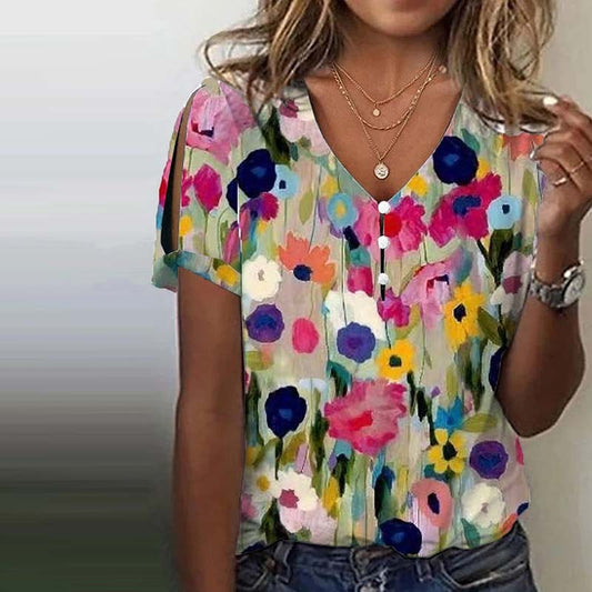 Fashionable All-match Watercolor Floral V-neck Short Sleeve