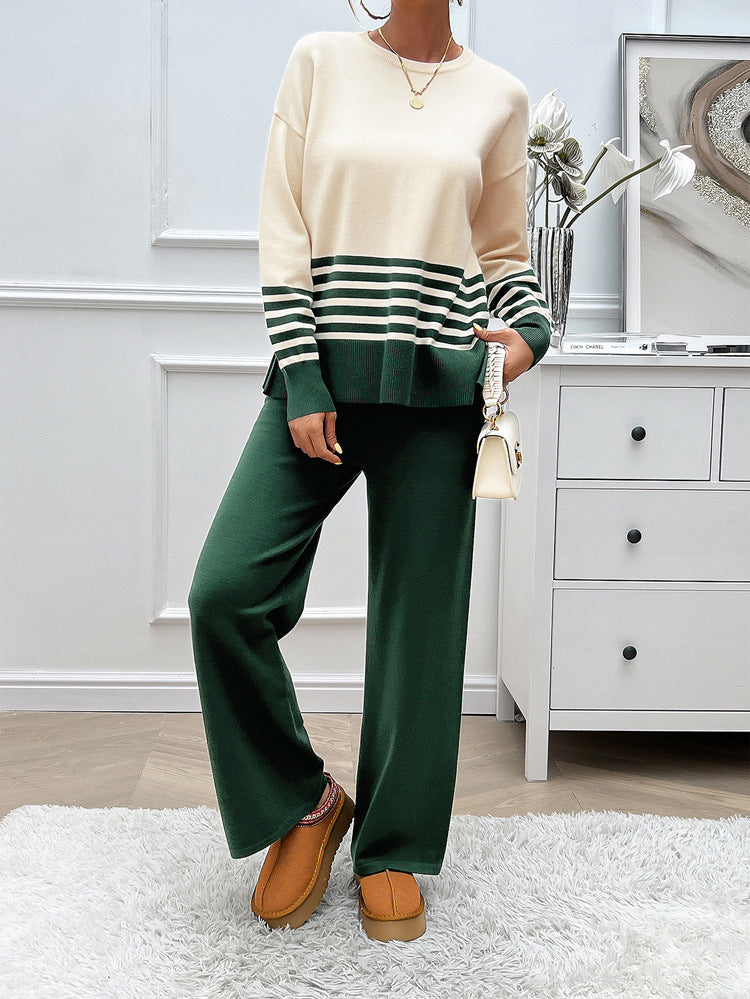 Contrast Color Straight-leg Trousers Sweater Suit