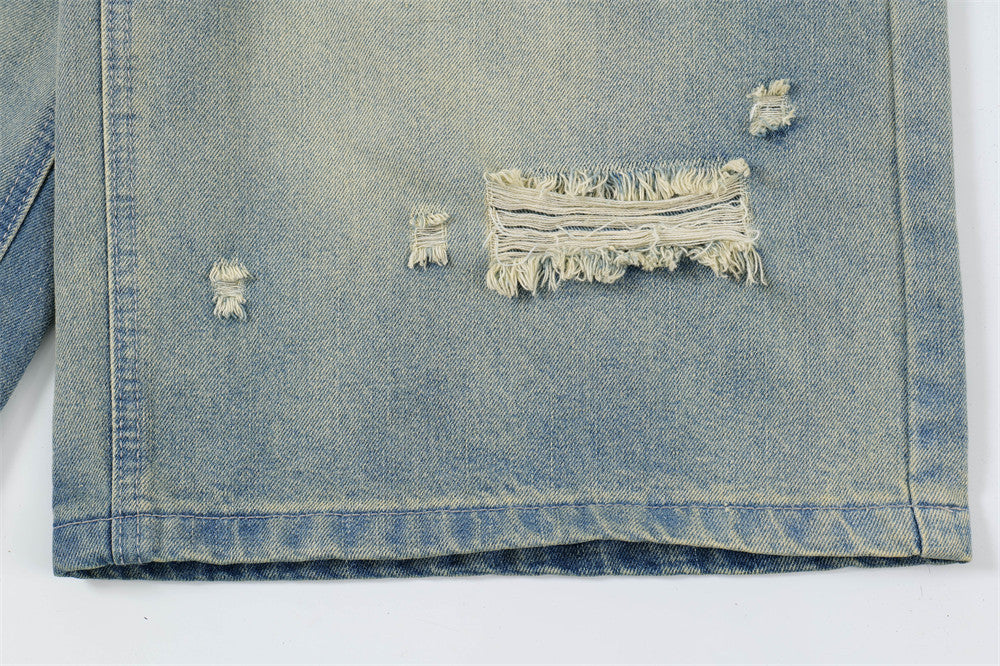 Punk Ripped Wash Denim Straight Cropped Pants