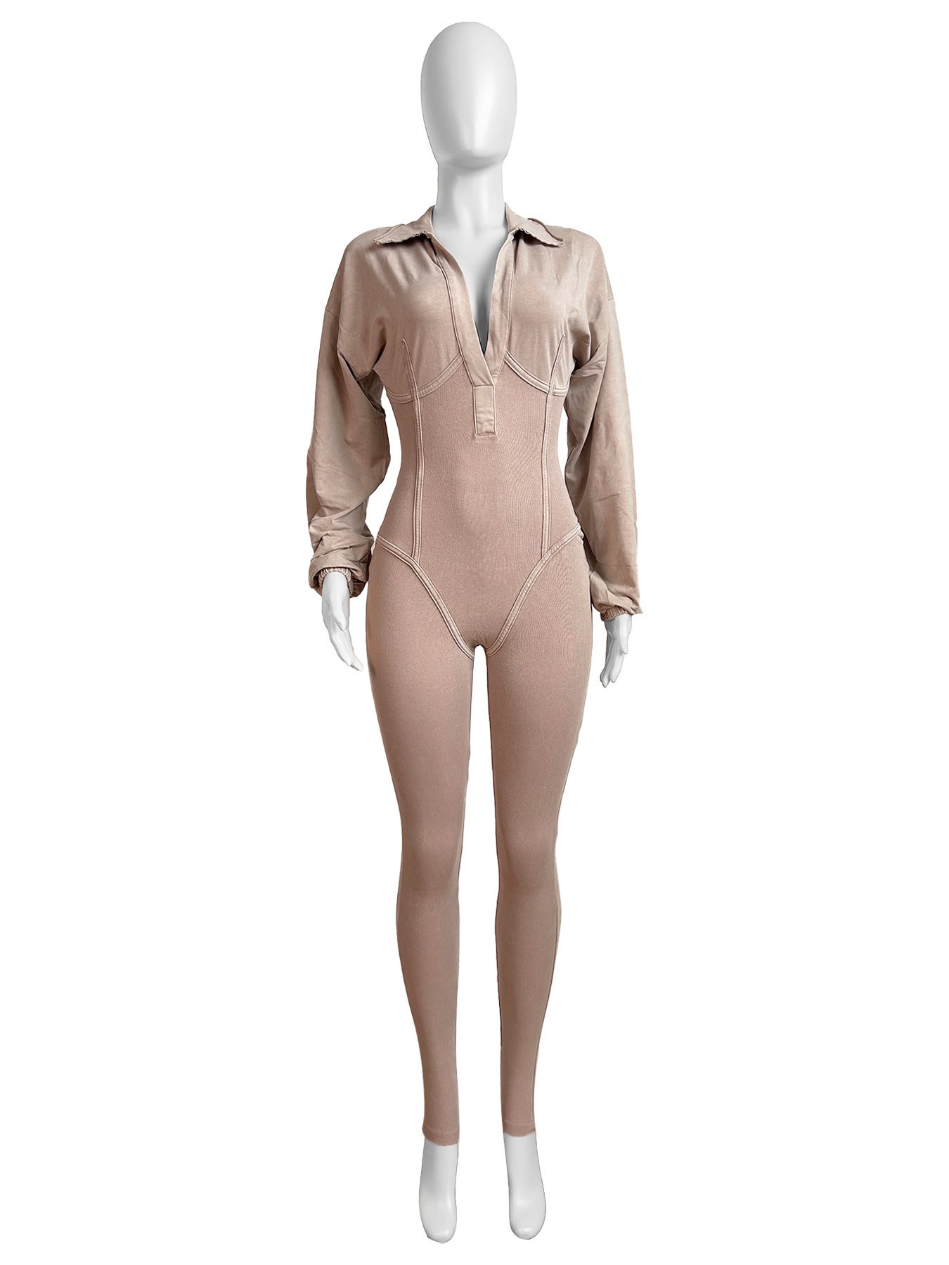 Fashion Women's Wear Washed Old Deep V Neck Tight Long Sleeve Jumpsuit