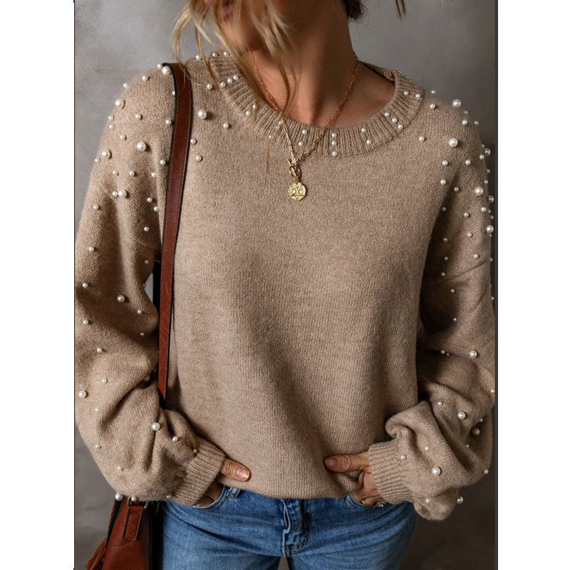 Women's Loose Beaded Round Neck Pullover Long Sleeve Sweater