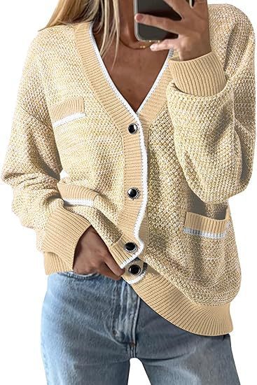 Women's V-neck Pocket Long-sleeved Knitted Cardigan Color Matching