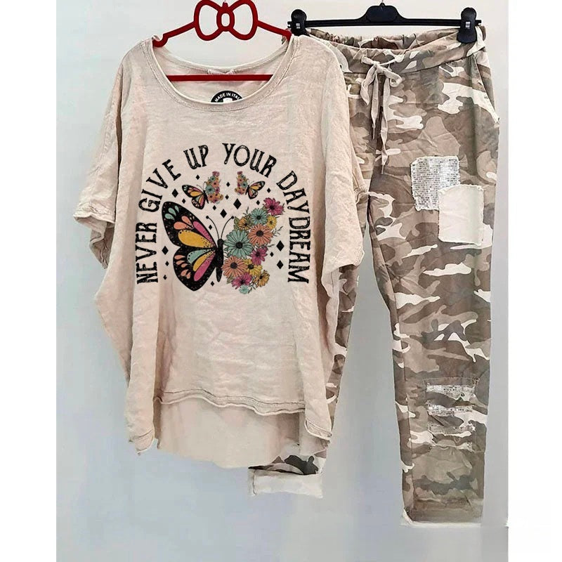 Casual Suit Women's Cotton And Linen Heat Transfer Patch Top Camouflage Printing Sweatpants