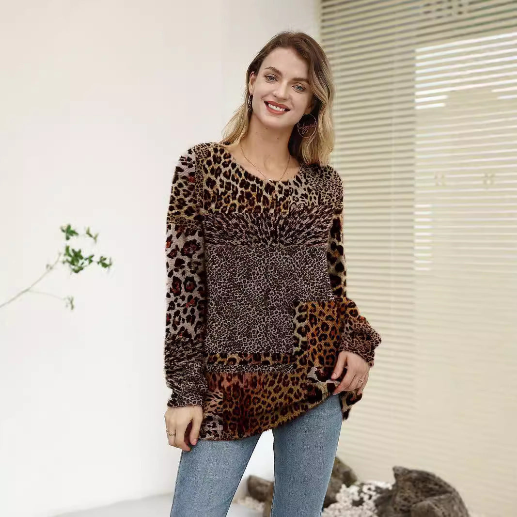 Animal Pattern Long Sleeve Pullover Round-neck Shirt