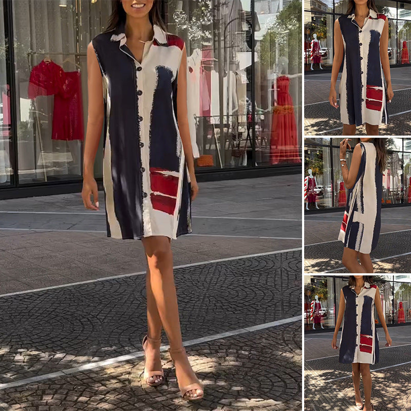 Sleeveless Printed Button Dress Women