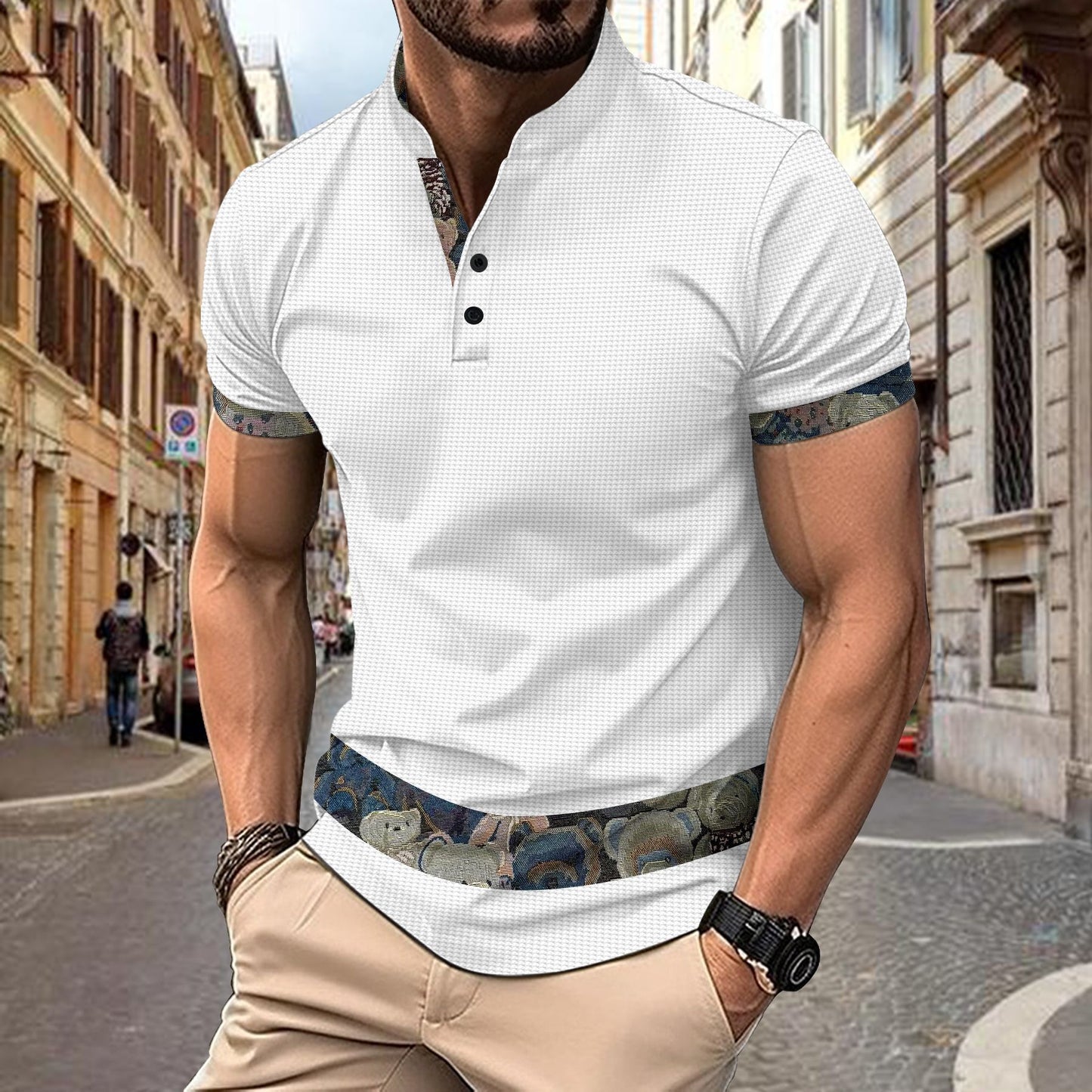 Color Stitching Stand-collar Short Sleeve Button Fashion