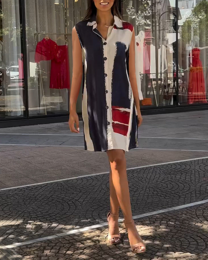 Sleeveless Printed Button Dress Women
