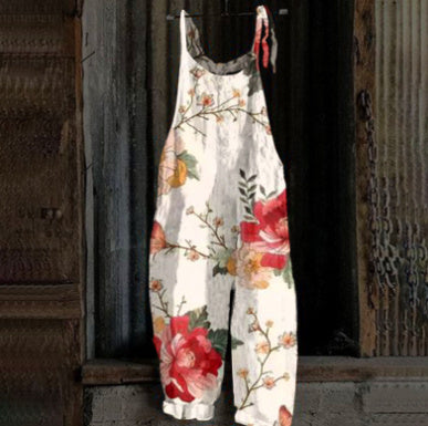 Women's Printed Street Hipster Fashion Multi-color Cotton And Linen Suspender Jumpsuit