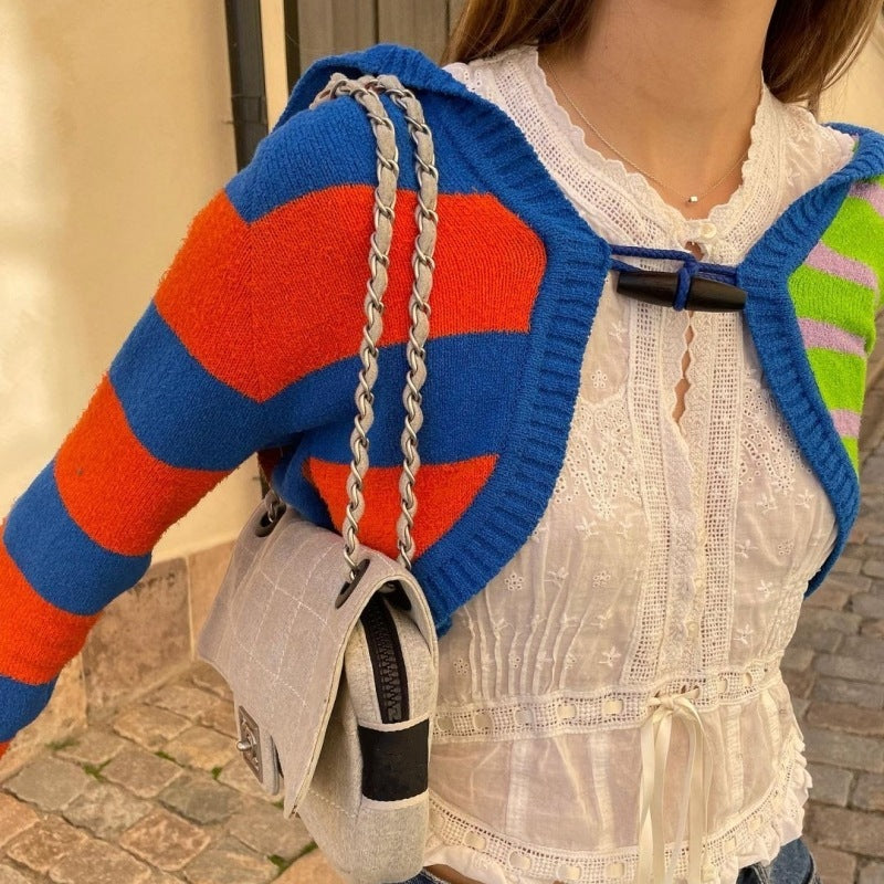 Lapel Knitwear Women's Contrast Color Striped Short Style