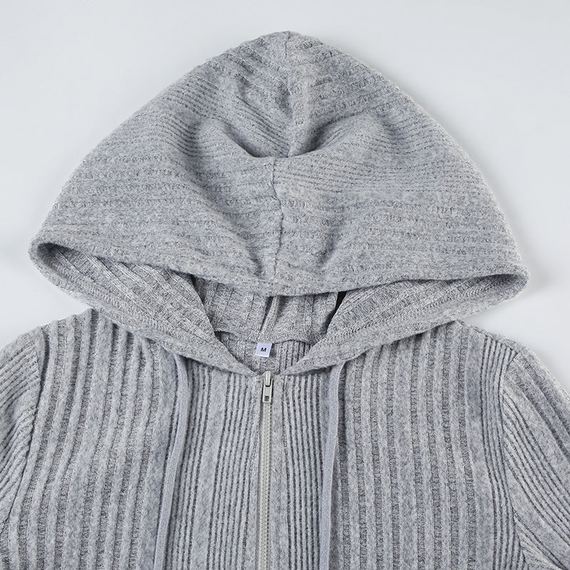 Autumn And Winter Gray With Zipper Cardigan Short Hooded Knitted Jacket