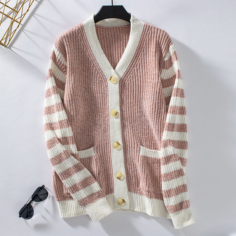 Women's Striped Sweater Loose Button Sweater