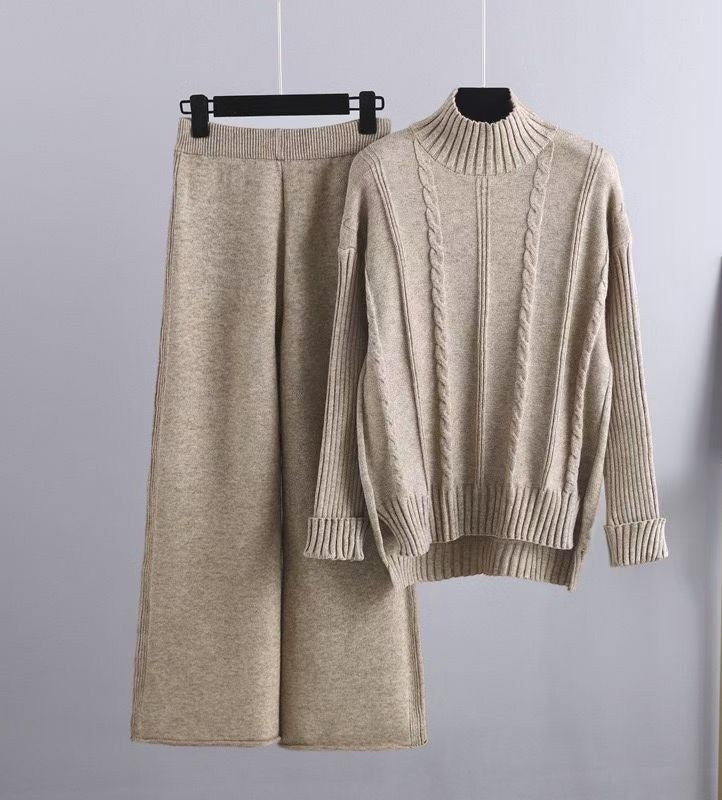 High-end Mock Neck Sweater Wide-leg Pants Suit Women