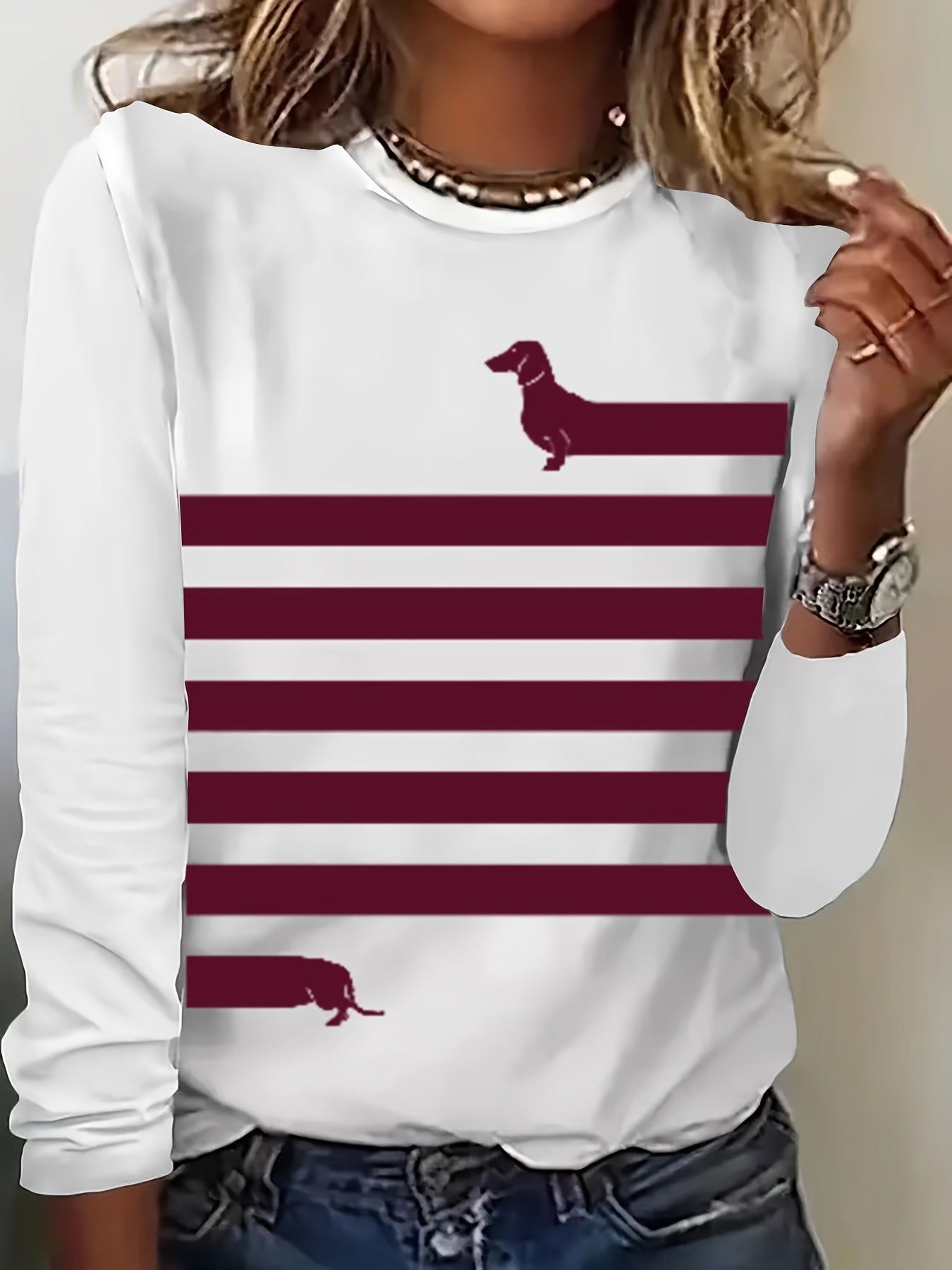 Dog And Striped Printed Round Neck T-shirt Spring And Autumn Casual Long Sleeve Top Women's Clothing
