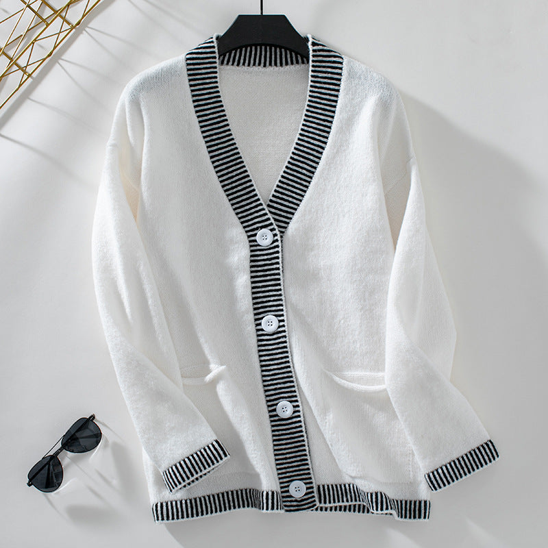 Women's Knitwear Striped Contrast Color V-neck Single Breasted