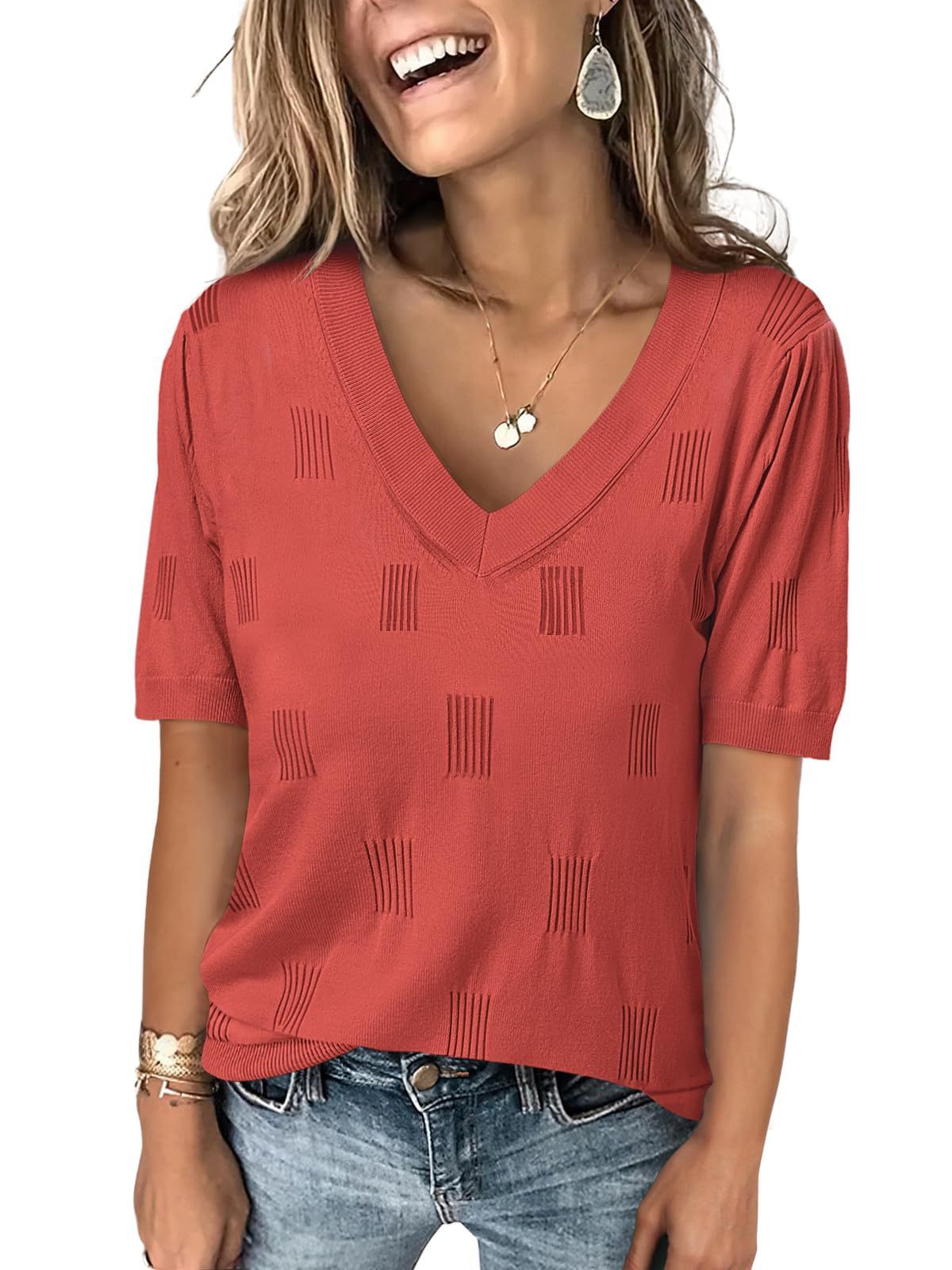 V-neck Lightweight Thin Knit Sweater With Short Sleeves