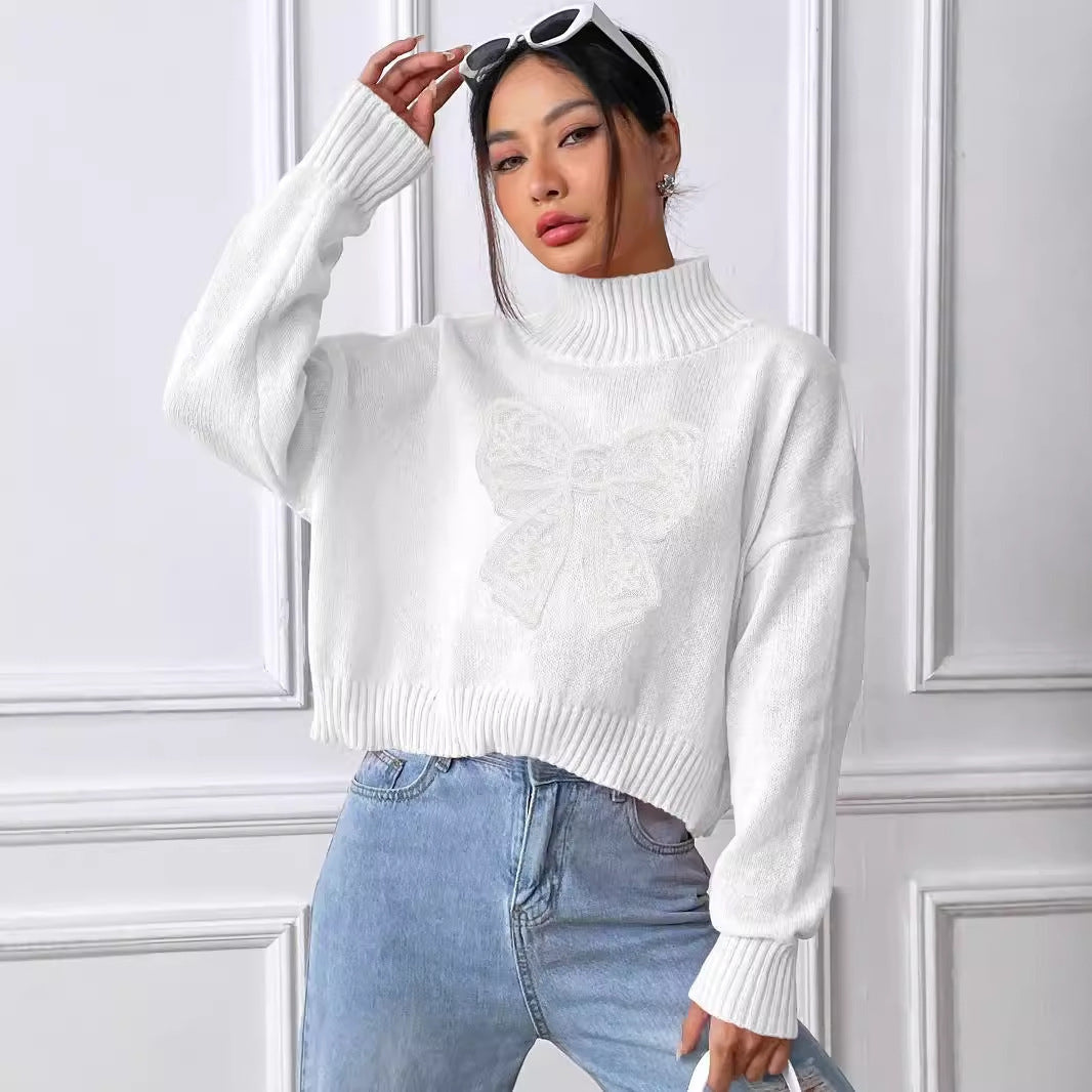 Women's Short Top Turtleneck Pullover Bow