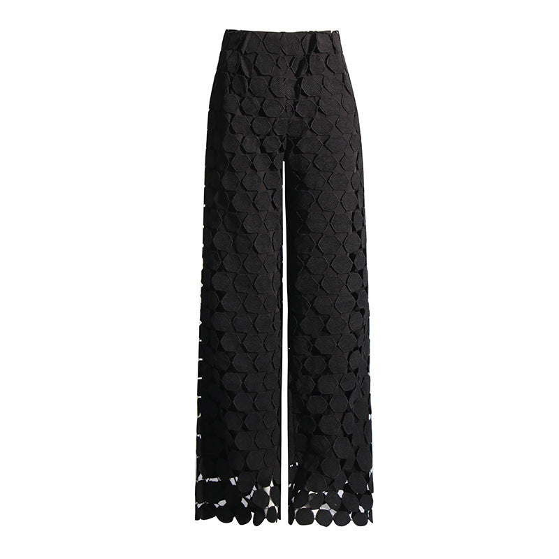 Fashionable Elegant Round Design Tassel Hollow-out Embroidered High Waist Wide-leg Pants
