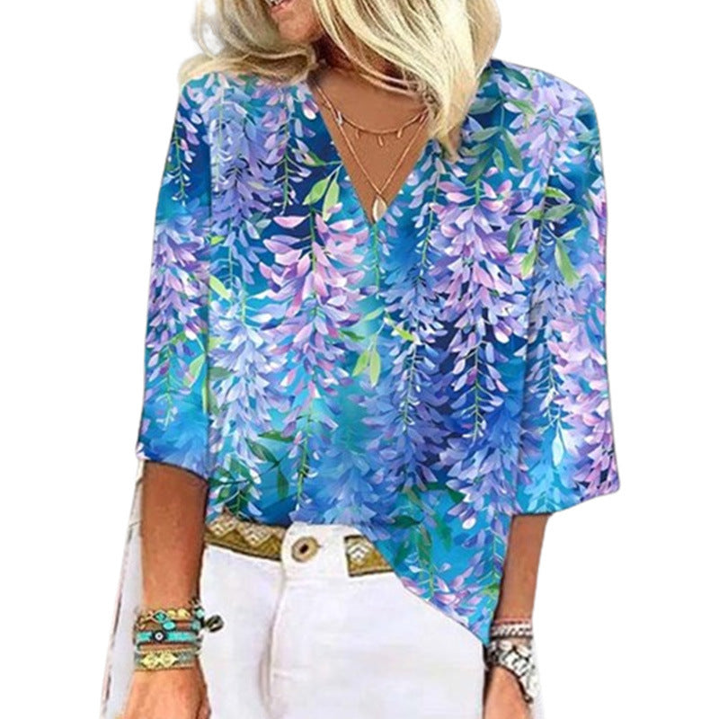 Women's Fresh Casual Floral Printed V-neck Top