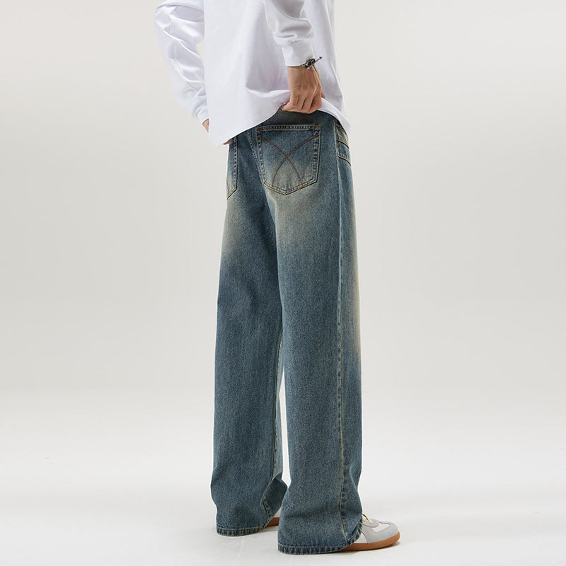 Washed Blue Pleated Jeans Men's Loose
