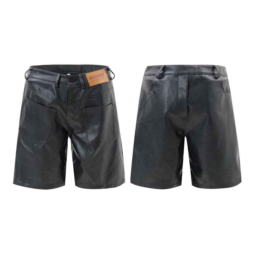 Men's Loose Cool Straight Pocket Inside-out Wear Design PU Leather Shorts