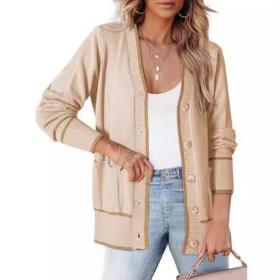 Women's Knitted Button Coat Color Matching Sweater