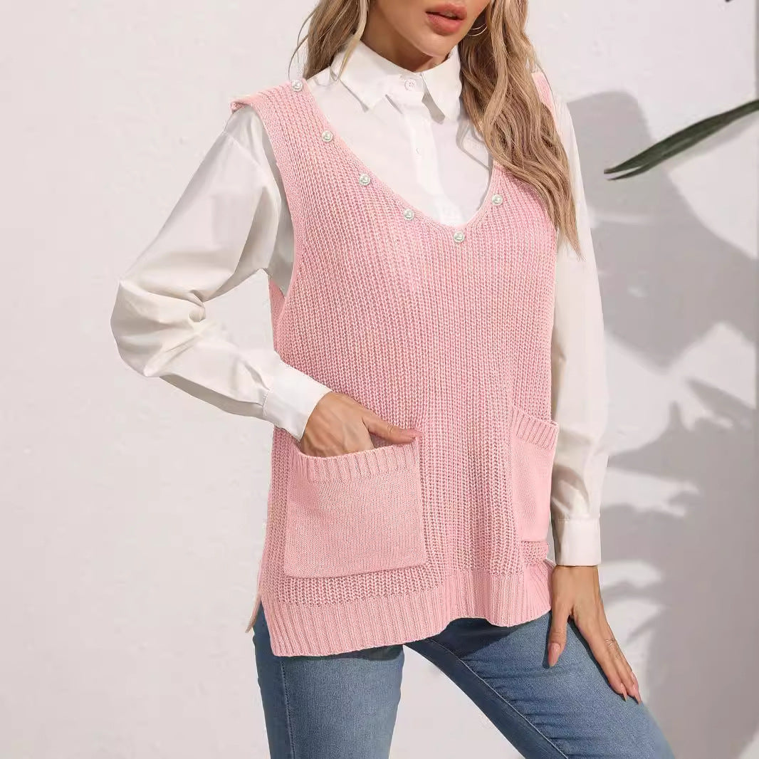 Women's Vest Double Pocket V-neck Patchwork