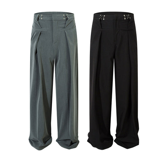 Men's American High Street Fashionable Metal Buckle Design Sense Wide-leg Draggle-tail Trousers