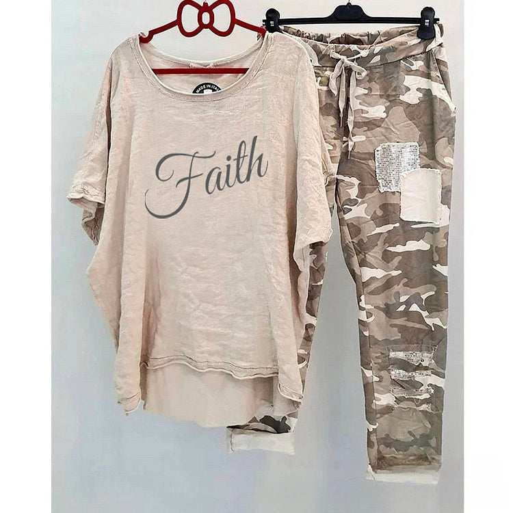 Casual Suit Women's Cotton And Linen Heat Transfer Patch Top Camouflage Printing Sweatpants
