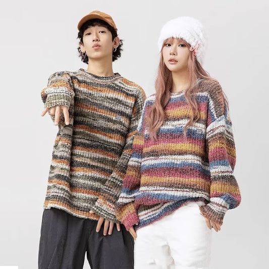 Gradient Color Trendy Round Neck Striped Knitted Sweater