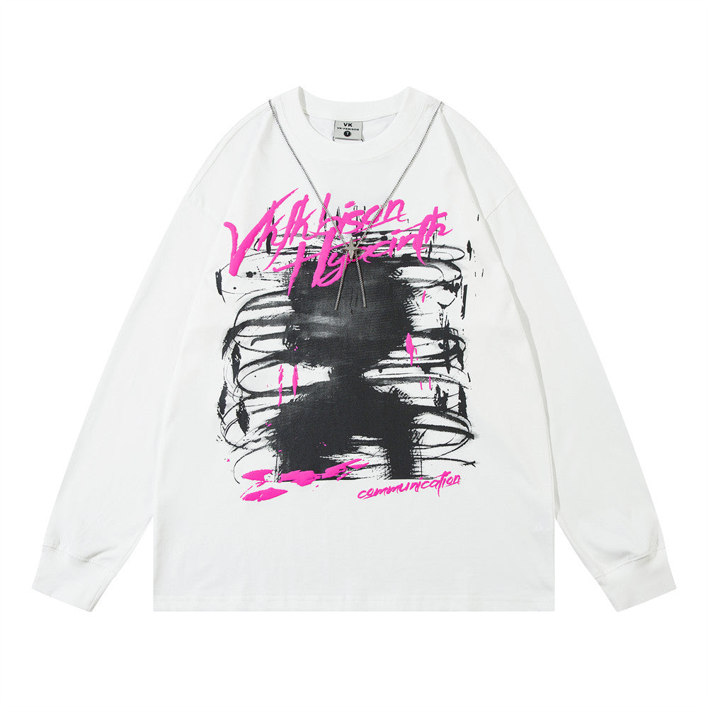 Metal Necklace Strip Long Sleeve T-shirt Men's Abstract Graffiti