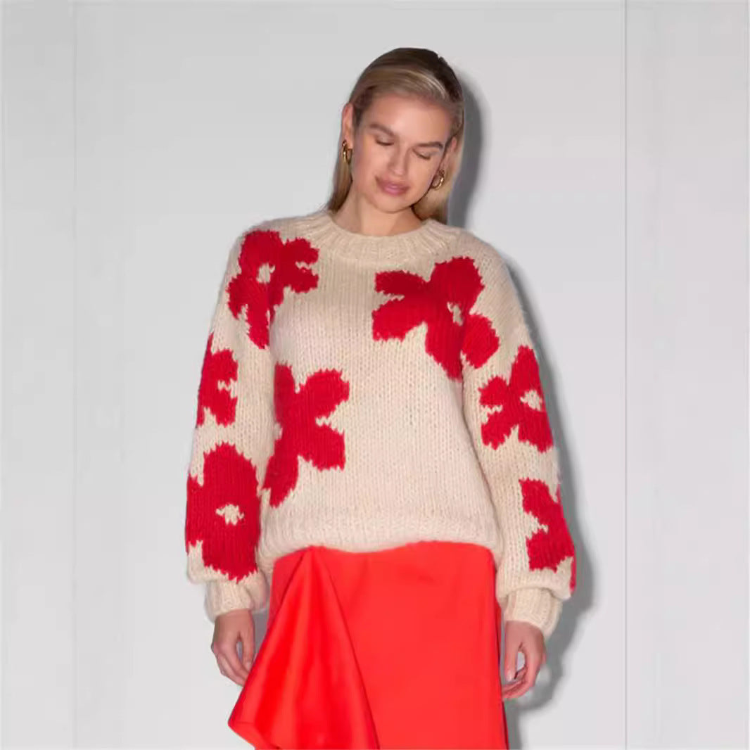 New Pullover Knitted Sweater Fashion Round Neck Flower Sweater
