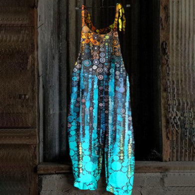 Women's Printed Street Hipster Fashion Multi-color Cotton And Linen Suspender Jumpsuit