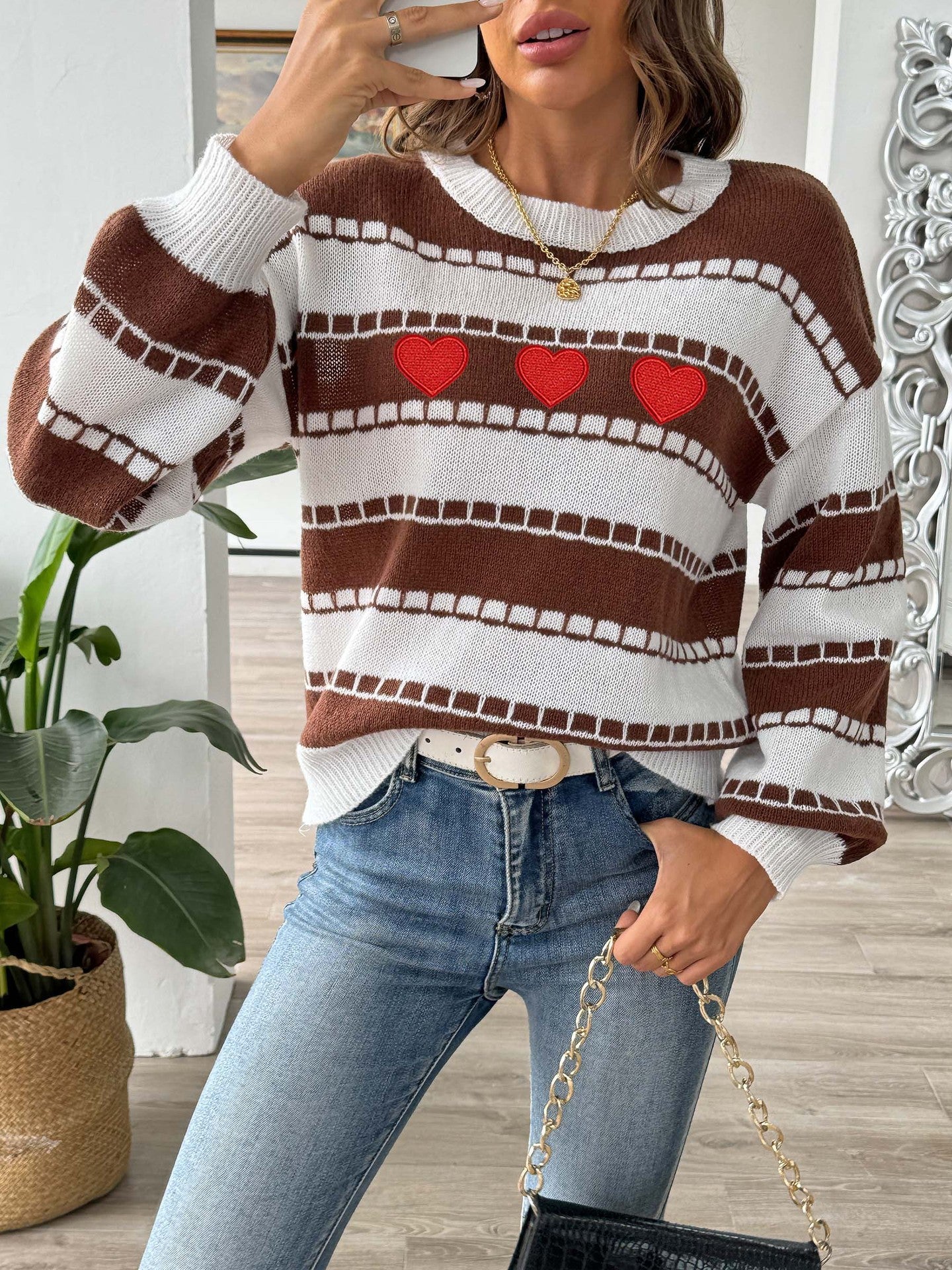 Women's Sweater Bottoming Shirt Color Contrast Patchwork Stripes
