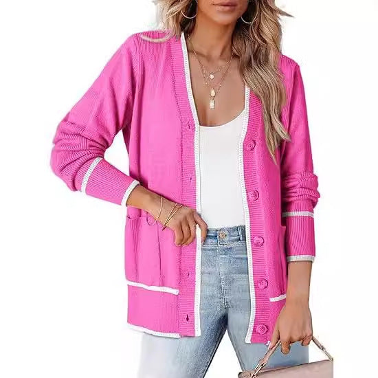 Women's Knitted Button Coat Color Matching Sweater