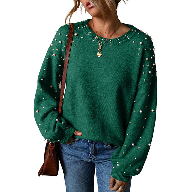 Women's Loose Beaded Round Neck Pullover Long Sleeve Sweater