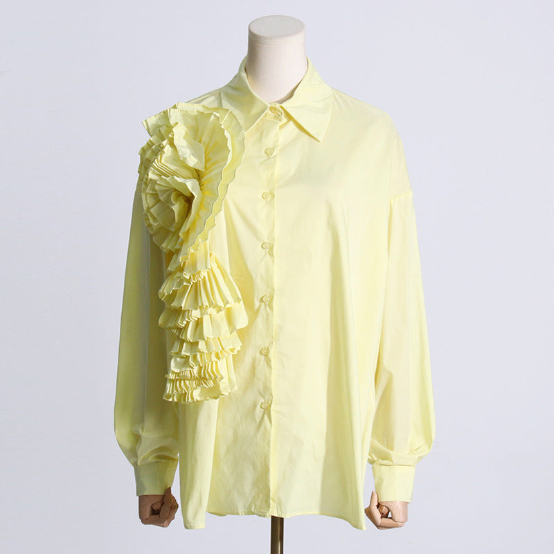 Design Sense Stitching Ruffle Three-dimensional Flower Casual Shirt