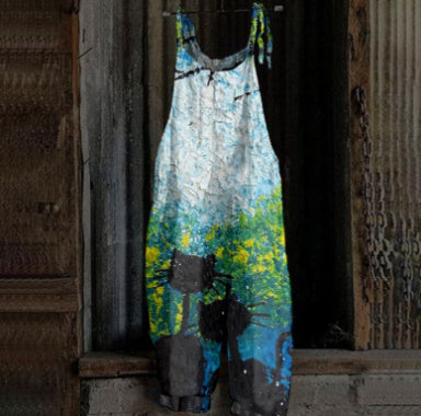Women's Printed Street Hipster Fashion Multi-color Cotton And Linen Suspender Jumpsuit