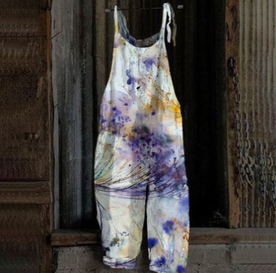 Women's Printed Street Hipster Fashion Multi-color Cotton And Linen Suspender Jumpsuit